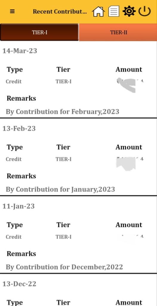 NPS App - Recent Contribution. Transaction Histroy